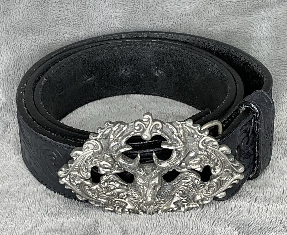 Silver Creek Leather Western Belt Size 40 Black Tooled Deer Stag Buckle USA Made